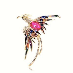 Phoenix Brooch Colorful Enamel Big Pink Sapphire Gold Plated Trendy Glam Stylish